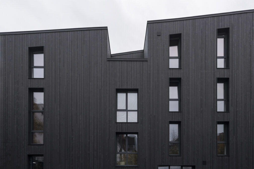 must põletatud lehis kortermaja fassaad